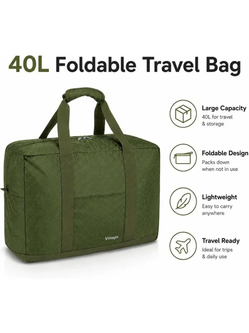 Lightweight 40L Foldable Travel Duffle Bag with Trolley Sleeve, Packable